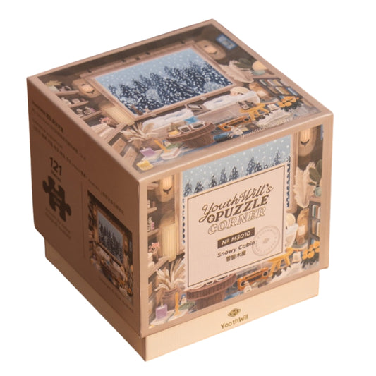 Box of Youthwill Snowy Cabin mini puzzle showing winter cabin artwork.